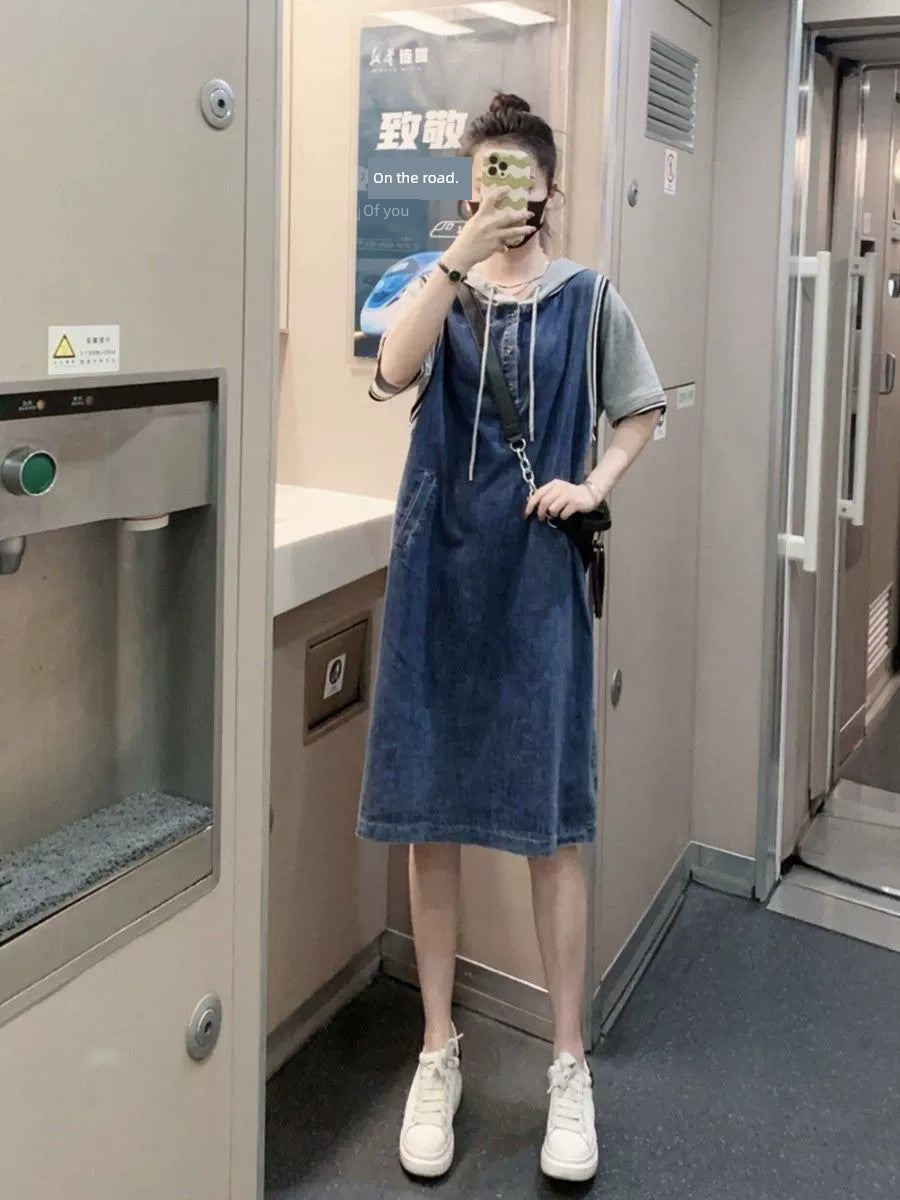 Loose plus Size 150.00kg Stylish Casual Hooded Fake Two Pieces Denim Dress Plus Size Ladies Younger Pullover Skirt 240