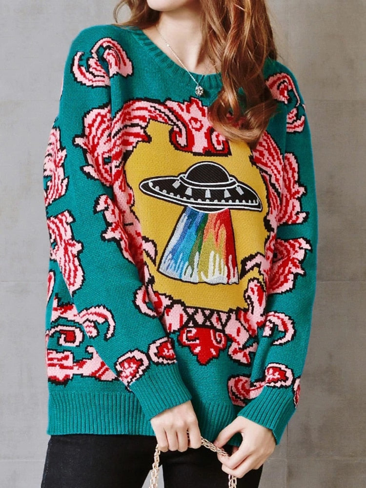 Women New Vintage Warm Thicken Sweaters UFO Clouds Jacquard Pullovers Winter Autumn Knitted Retro Loose Tops Blusas C-012