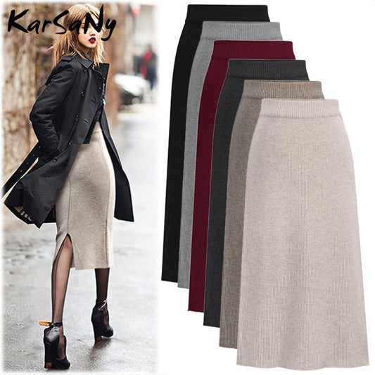 KarSaNy Autumn Winter Knit Pencil Skirt Women High Waist Skirts Womens Knited Split Midi Skirt For Women Autumn 6XL