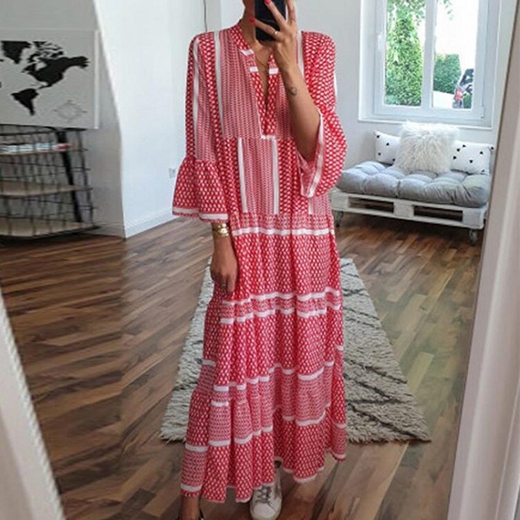ELSVIOS  Plus size Autumn Butterfly Sleeve Long Dress Women Summer sexy V-neck Floral Print Boho Dress Elegant casual Maxi Dress