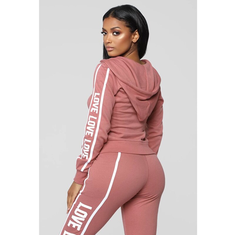 Women Tracksuit Two Piece Set Sexy Zipper Hoodies Tops + Trousers LOVE Letter Printed Sportwear Female Casual Outfits
