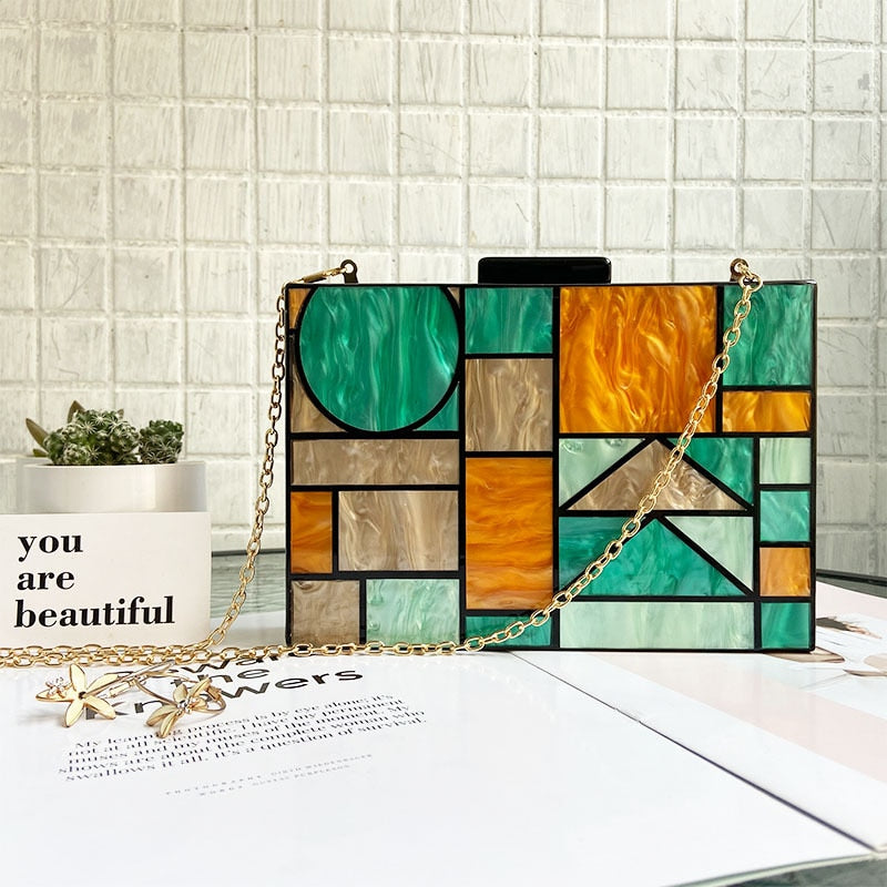 Patchwork Acrylic Handbags Evening Clutches Geometric Chain Shoulder Bag Ladies Party Wallets Purse for Women Free Shipping