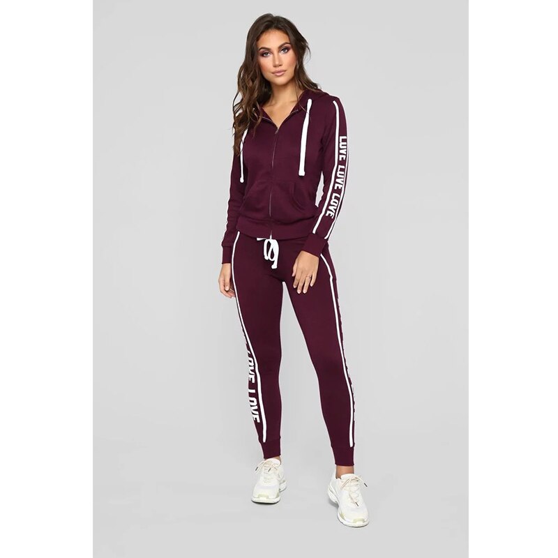 Women Tracksuit Two Piece Set Sexy Zipper Hoodies Tops + Trousers LOVE Letter Printed Sportwear Female Casual Outfits