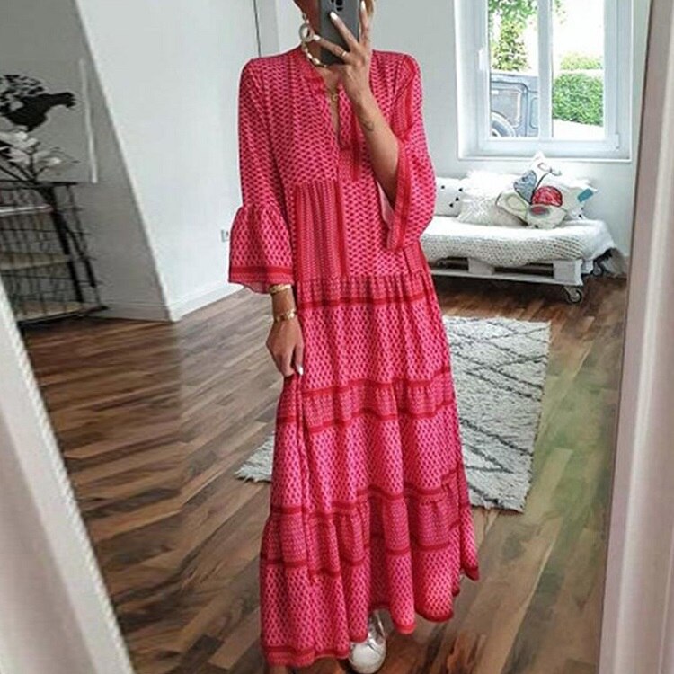 ELSVIOS  Plus size Autumn Butterfly Sleeve Long Dress Women Summer sexy V-neck Floral Print Boho Dress Elegant casual Maxi Dress