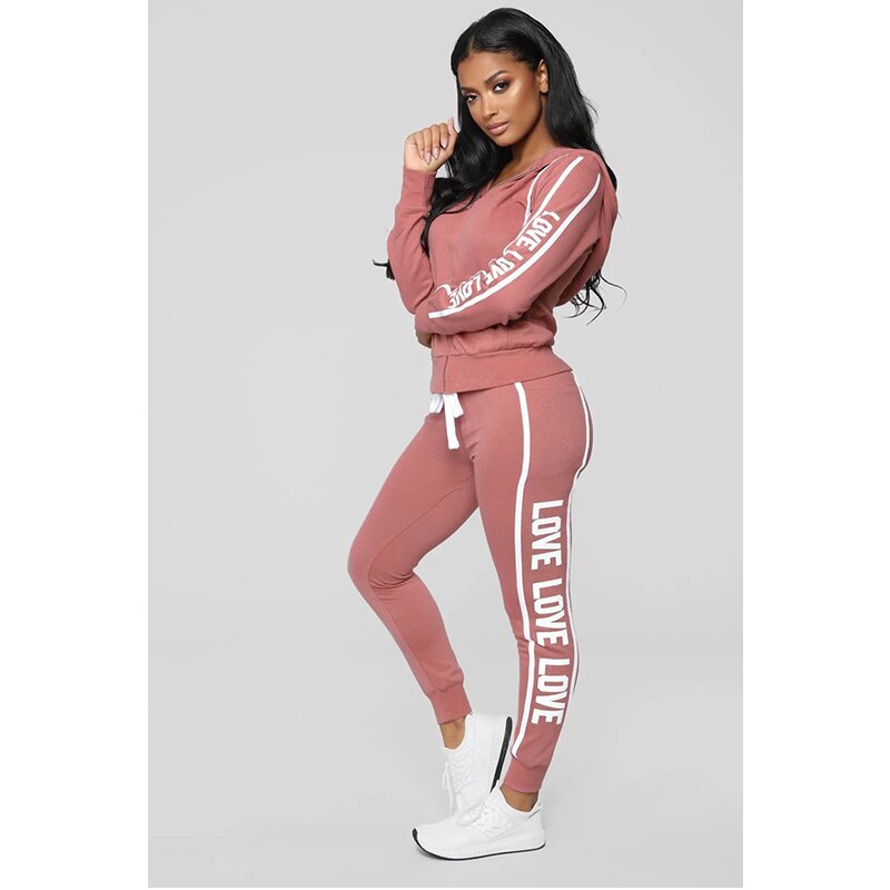 Women Tracksuit Two Piece Set Sexy Zipper Hoodies Tops + Trousers LOVE Letter Printed Sportwear Female Casual Outfits