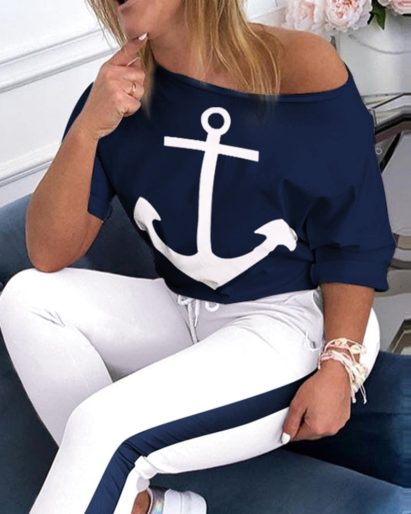 Top &amp; Colorblock Drawstring Pant Sets Women Casual Two Piece Set Top and Pants Outfits Print Sleeve Style Clothing Length Collar