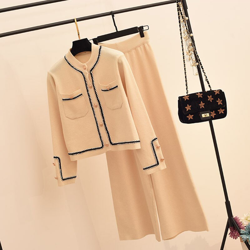 Sister Fara 2022 New Wide Legs Pants Simple Basic Knitted Tops Single Breasted Suits+Two Piece Sets Spring Knitted Sweater