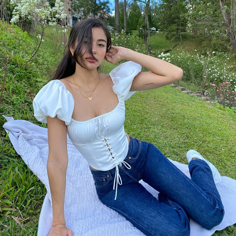 Women Fashion Square Neck Pleated Lace Up T-shirt Pullover Solid Color Lace Up Short Bubble Sleeve Navel T-shirt 2021