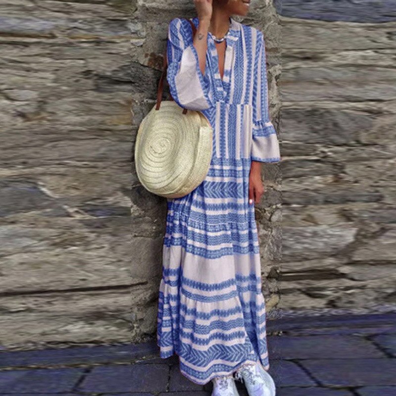 ELSVIOS  Plus size Autumn Butterfly Sleeve Long Dress Women Summer sexy V-neck Floral Print Boho Dress Elegant casual Maxi Dress