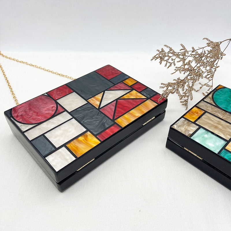 Patchwork Acrylic Handbags Evening Clutches Geometric Chain Shoulder Bag Ladies Party Wallets Purse for Women Free Shipping