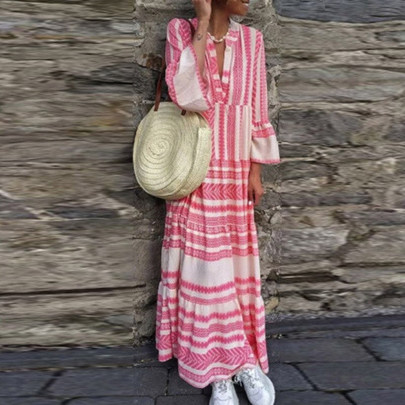 ELSVIOS  Plus size Autumn Butterfly Sleeve Long Dress Women Summer sexy V-neck Floral Print Boho Dress Elegant casual Maxi Dress