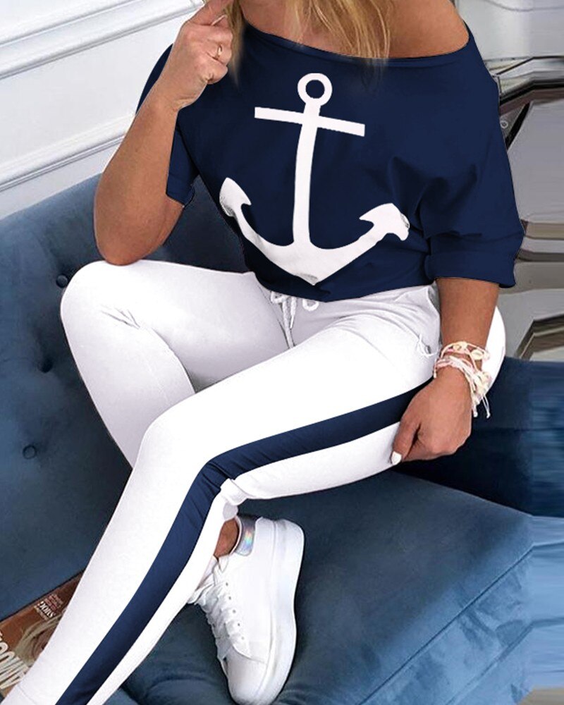Top &amp; Colorblock Drawstring Pant Sets Women Casual Two Piece Set Top and Pants Outfits Print Sleeve Style Clothing Length Collar