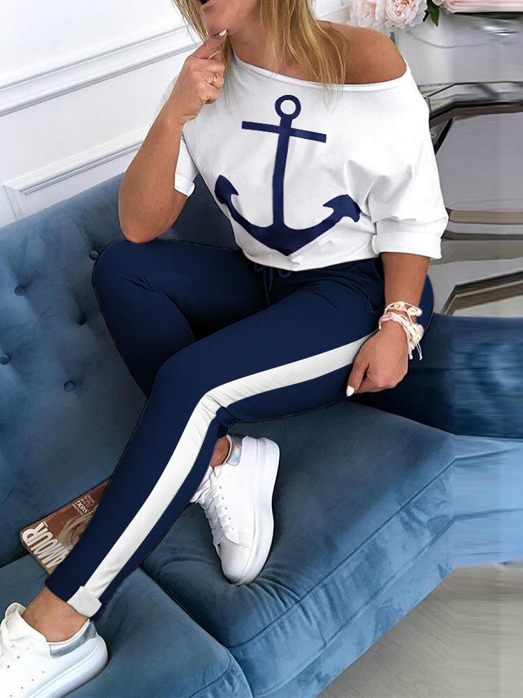 Top &amp; Colorblock Drawstring Pant Sets Women Casual Two Piece Set Top and Pants Outfits Print Sleeve Style Clothing Length Collar