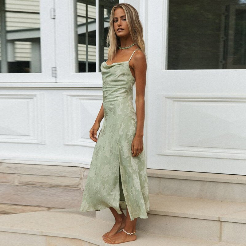 2021 Summer Women Dress Backless Sexy Split Pile Collar Slim Dress Orange Sleeveless Spaghetti Strap Beach Midi Dresses Party