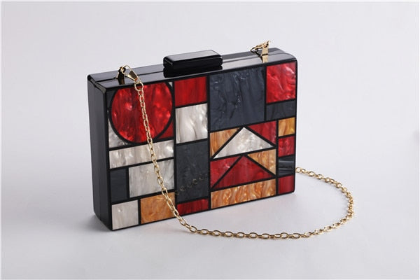 Patchwork Acrylic Handbags Evening Clutches Geometric Chain Shoulder Bag Ladies Party Wallets Purse for Women Free Shipping