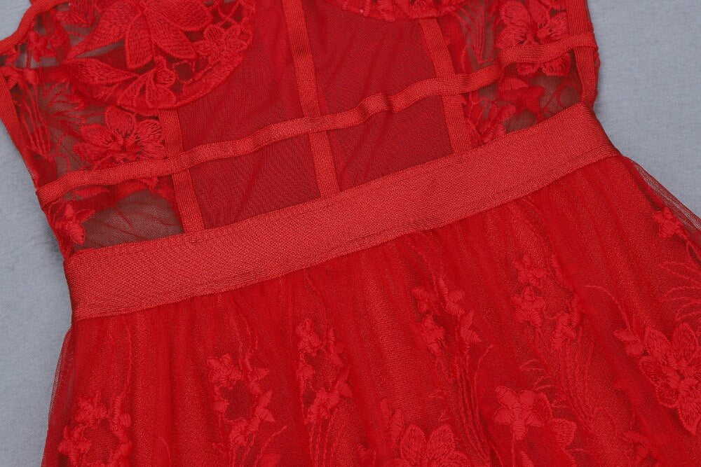 Sexy Women Hollow Out Red Lace Slip Rayon Elegant Homecoming Evening Party Dress