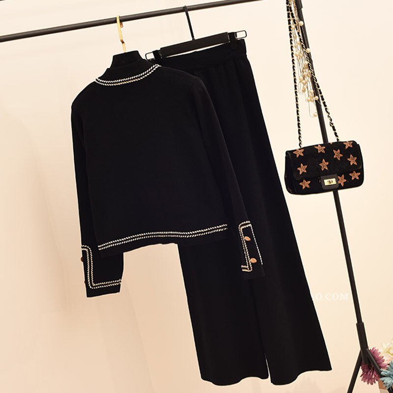 Sister Fara 2022 New Wide Legs Pants Simple Basic Knitted Tops Single Breasted Suits+Two Piece Sets Spring Knitted Sweater