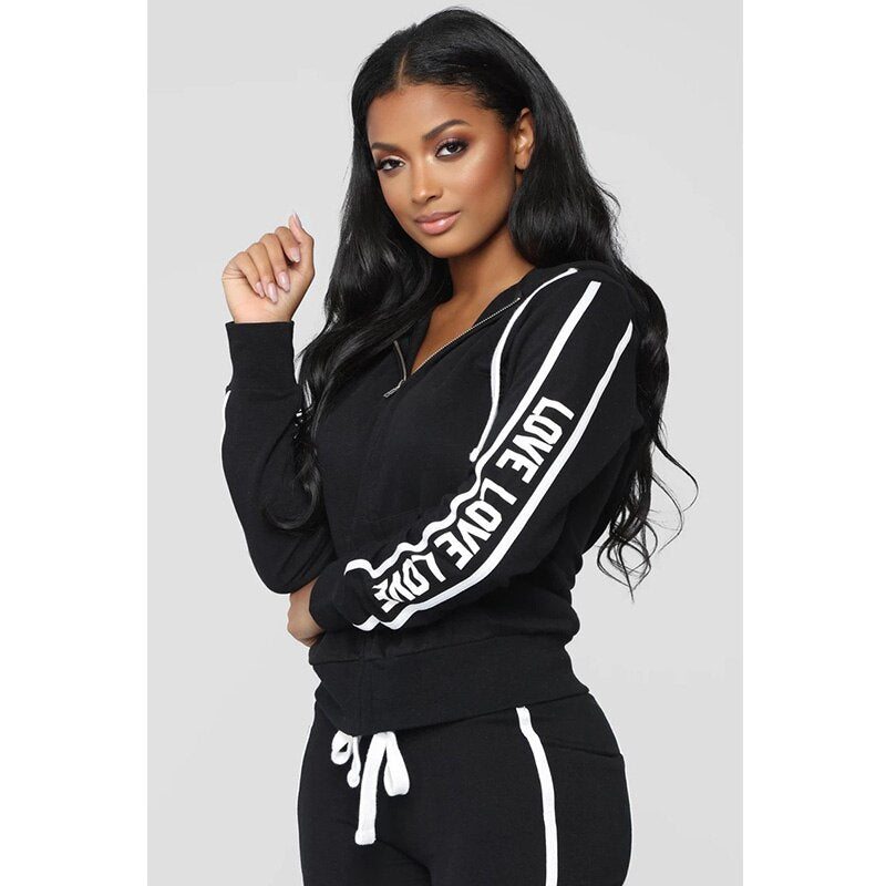 Women Tracksuit Two Piece Set Sexy Zipper Hoodies Tops + Trousers LOVE Letter Printed Sportwear Female Casual Outfits