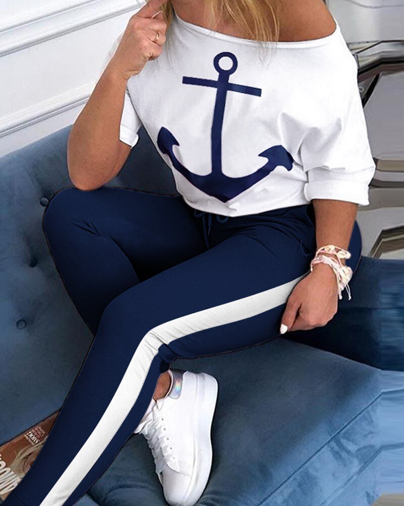 Top &amp; Colorblock Drawstring Pant Sets Women Casual Two Piece Set Top and Pants Outfits Print Sleeve Style Clothing Length Collar