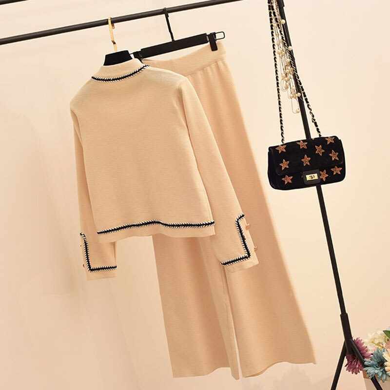 Sister Fara 2022 New Wide Legs Pants Simple Basic Knitted Tops Single Breasted Suits+Two Piece Sets Spring Knitted Sweater