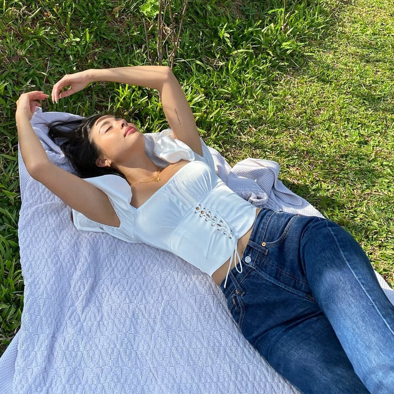 Women Fashion Square Neck Pleated Lace Up T-shirt Pullover Solid Color Lace Up Short Bubble Sleeve Navel T-shirt 2021