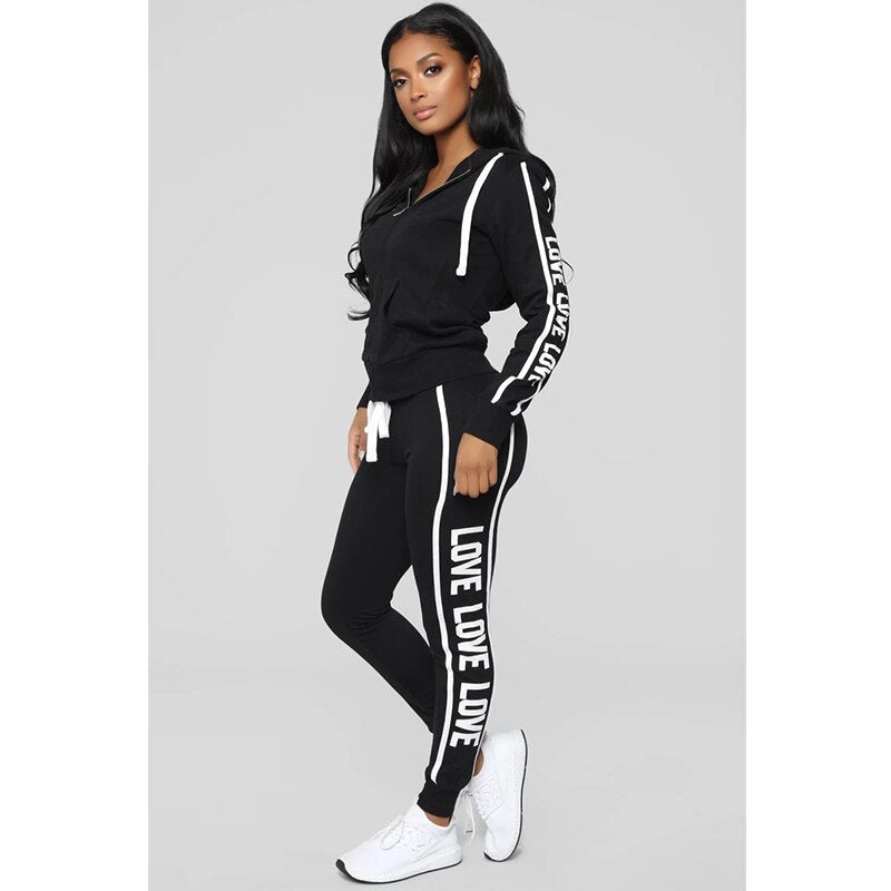 Women Tracksuit Two Piece Set Sexy Zipper Hoodies Tops + Trousers LOVE Letter Printed Sportwear Female Casual Outfits