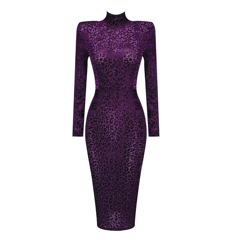 Vc 2021 Nieuwe Collectie Paars Suede Leopard Hoge Hals Lange Mouw Medium Lengte Jurk Alle Gratis Verzending