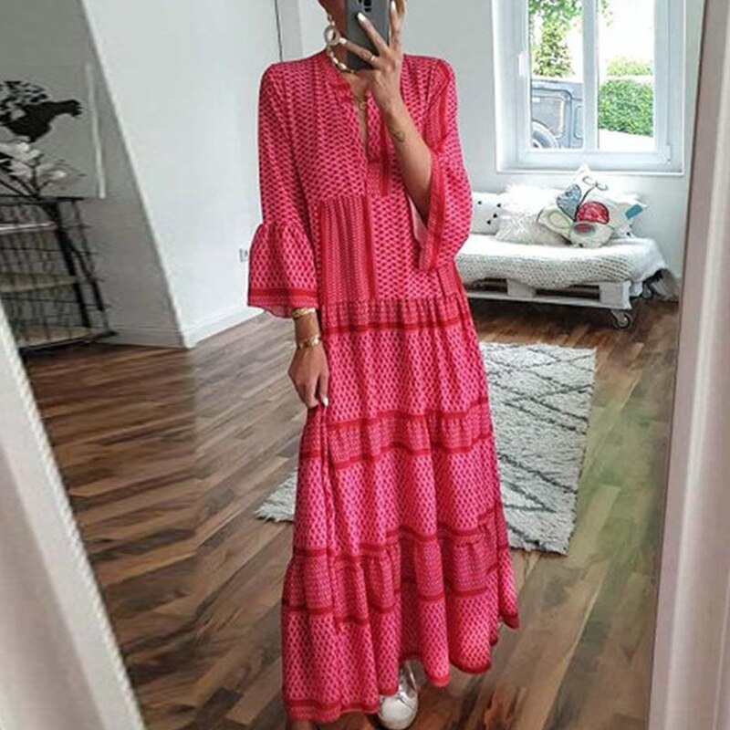 ELSVIOS  Plus size Autumn Butterfly Sleeve Long Dress Women Summer sexy V-neck Floral Print Boho Dress Elegant casual Maxi Dress