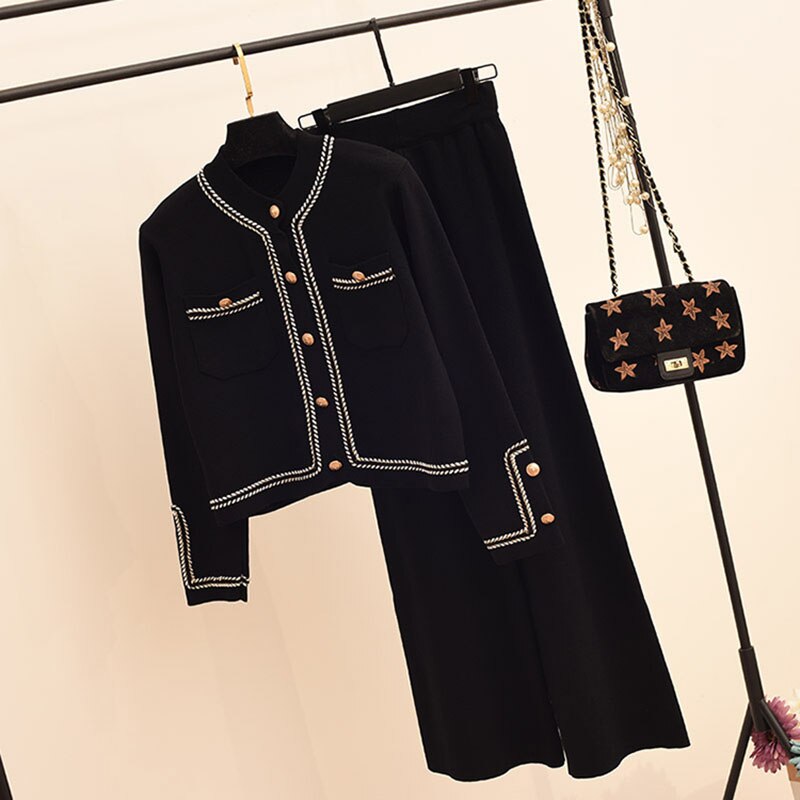 Sister Fara 2022 New Wide Legs Pants Simple Basic Knitted Tops Single Breasted Suits+Two Piece Sets Spring Knitted Sweater