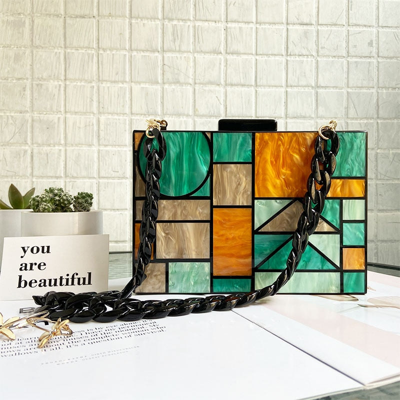 Patchwork Acrylic Handbags Evening Clutches Geometric Chain Shoulder Bag Ladies Party Wallets Purse for Women Free Shipping
