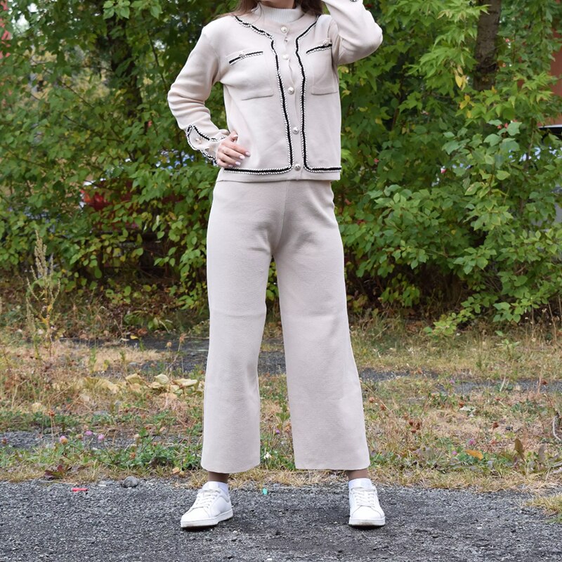 Sister Fara 2022 New Wide Legs Pants Simple Basic Knitted Tops Single Breasted Suits+Two Piece Sets Spring Knitted Sweater