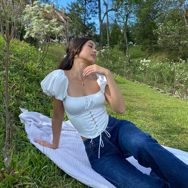 Women Fashion Square Neck Pleated Lace Up T-shirt Pullover Solid Color Lace Up Short Bubble Sleeve Navel T-shirt 2021