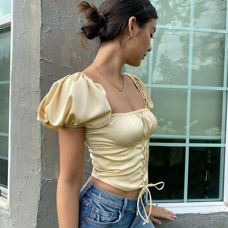 Women Fashion Square Neck Pleated Lace Up T-shirt Pullover Solid Color Lace Up Short Bubble Sleeve Navel T-shirt 2021