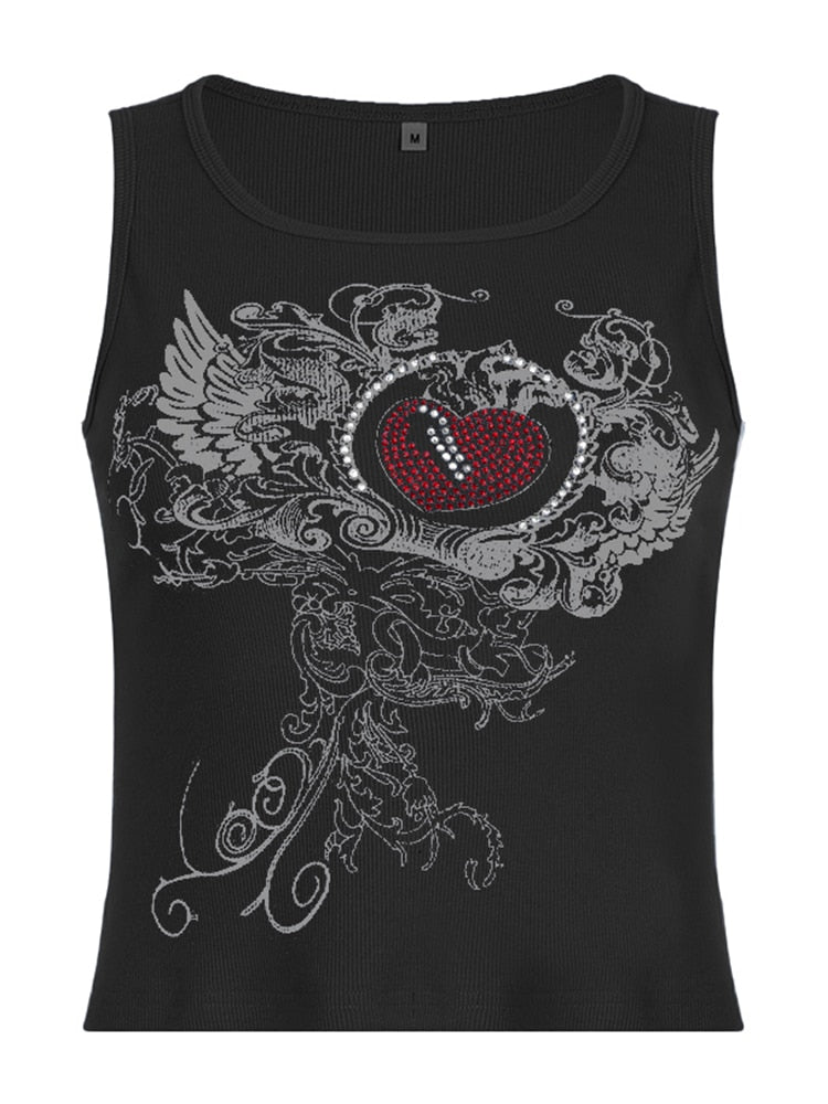 Rapcopter y2k Printed Crop Top Knitted Diamonds Kawaii Grunge Tank Tops Fairycore Sleeveless Sweats Cute Mini Vest Women Retro