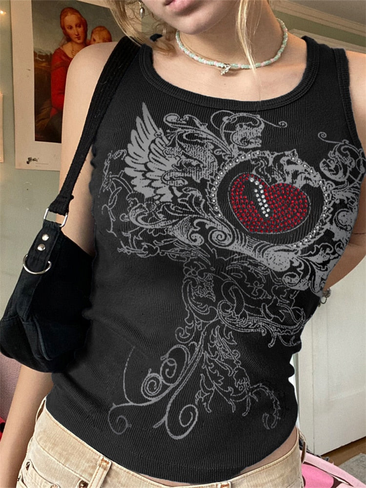 Rapcopter y2k Printed Crop Top Knitted Diamonds Kawaii Grunge Tank Tops Fairycore Sleeveless Sweats Cute Mini Vest Women Retro